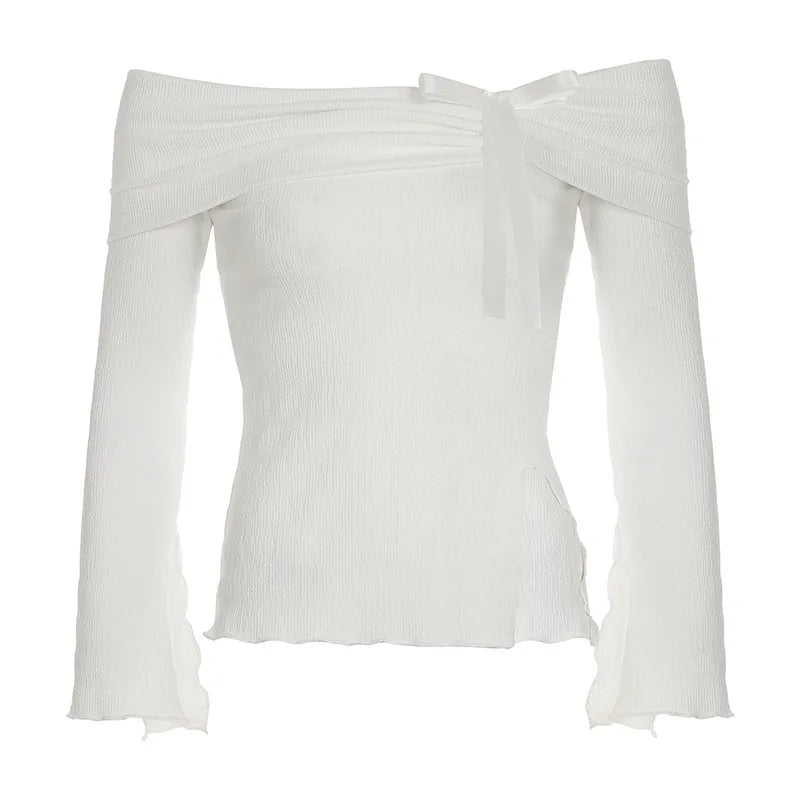 maoxiangshop - Off Shoulder Bows Tie Slit Top Women Flared Long Sleeved Solid Slim Versatile T-shirt Spicy Girl Autumn/Winter Streetwear
