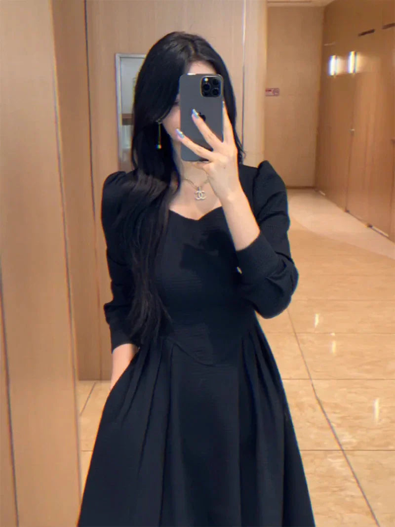 maoxiangshop Vintage Black Midi Dresses for Women Spring Autumn Square Neck Long Sleeve Elegant Party Red Female Clothing Korean Fashion
