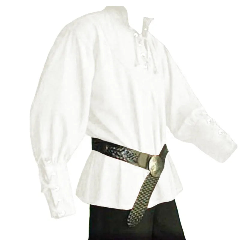 maoxiangshop Mens Medieval Shirts Poet's Renaissance Costume Viking Pirate Captain Lace Up Ruffle Tops Sand Collar Shirt