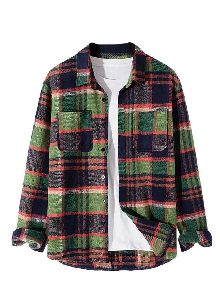 maoxiangshop Long Sleeve Shirt for Men Plaid Fuzzy Button Shacket Blouses Unisex Streetwear Overshirt Fall Winter Warm Shirt Tops