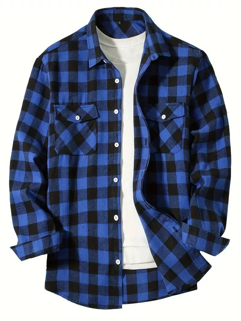 maoxiangshop Men's Shirts Button-Up Classic Plaid Smart Casual Flannel Shirt Long Sleeved Chest Two Pockets Design Spring Autumn Men Tops