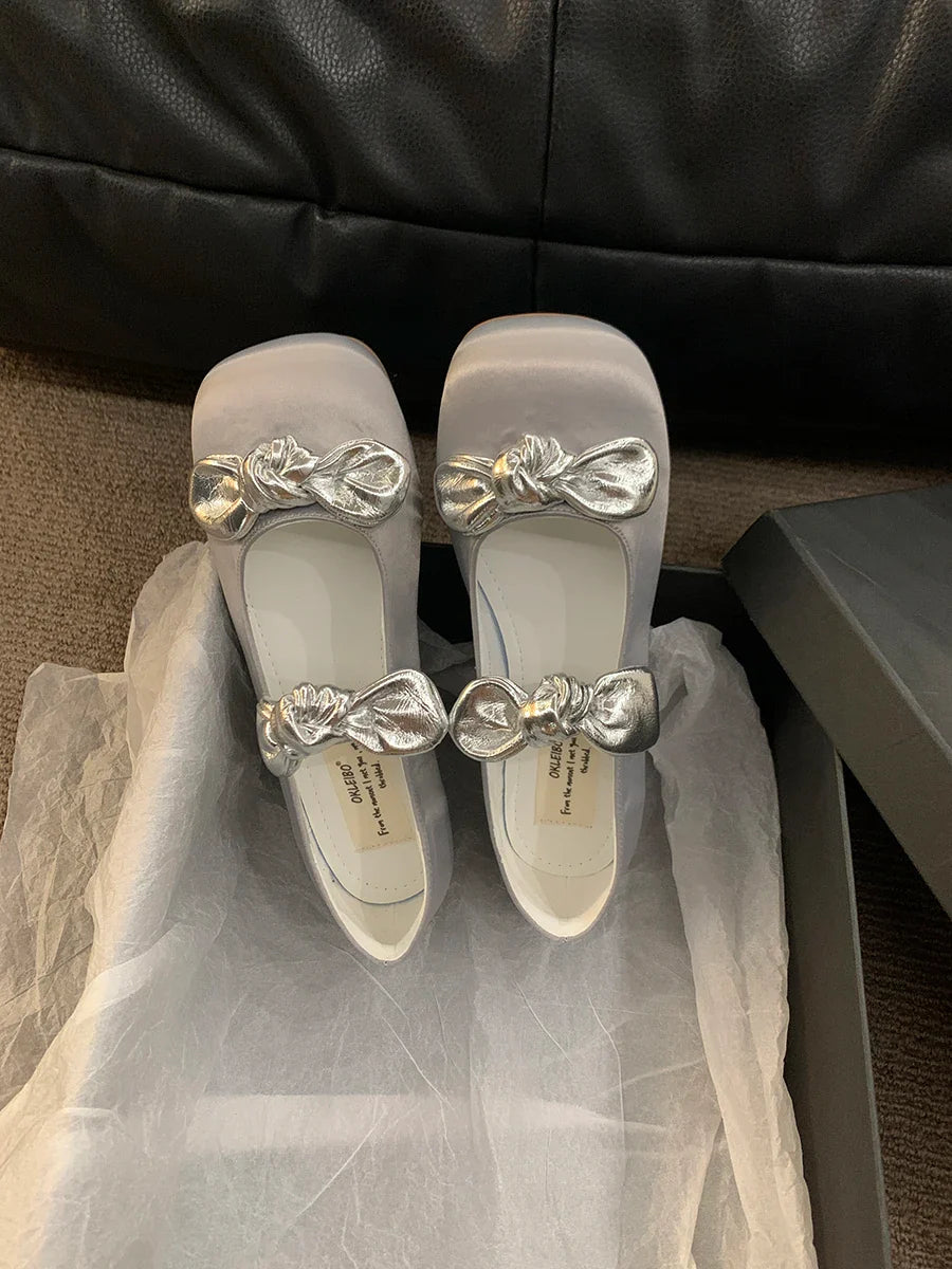 maoxiangshop - 2024 NEW Korean style Lolita Mary Jane Shoes Women's Shoes Square Toe Women's Shoes Two Bow Ballet Flats Spring/Autumn Flats
