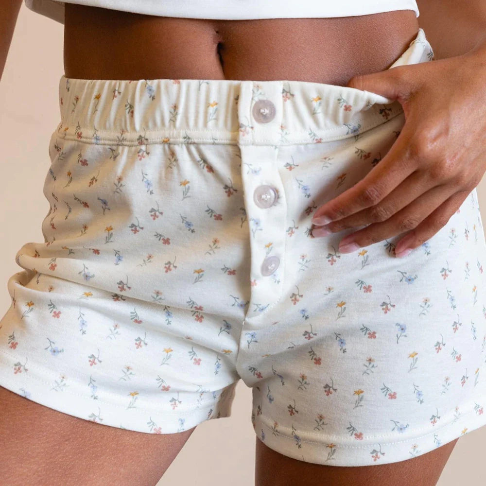 maoxiangshop - Women's Y2K Kawaii Summer Floral Print Button Elastic Mid Waist Cute Lounging Shorts Slim Fit Straight Sleep Bottoms