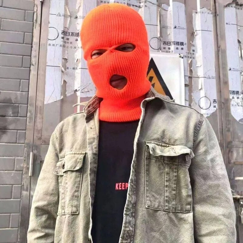 maoxiangshop Winter men's face mask, warm hood, sports scarf, skiing hat, three hole wool hat, outdoor cycling knitted pullover hat