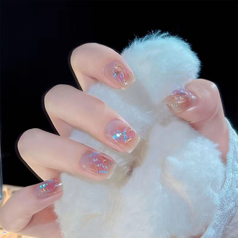 24pcs Wearable Pink Press On Fake Nails Tips With Glue false nails design Butterfly Lovely Girl false nails With Wearing Tools