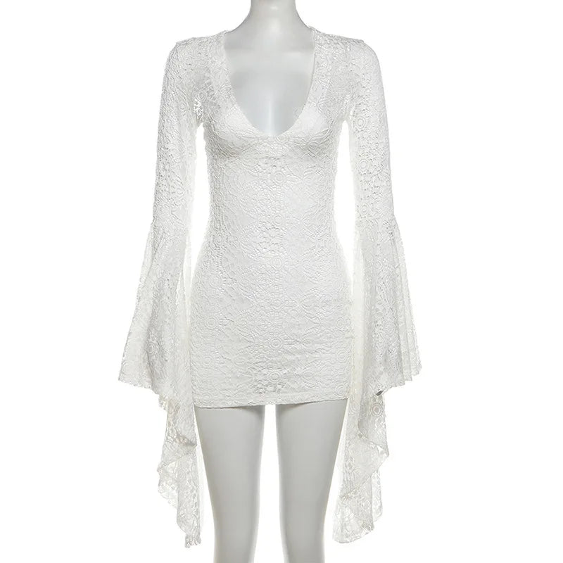 maoxiangshop - Low Cut V-Neck Lace Patchwork Mini Dress Women Sexy Bell Long Sleeves Slim Temperament Short Dress Autumn Partywear