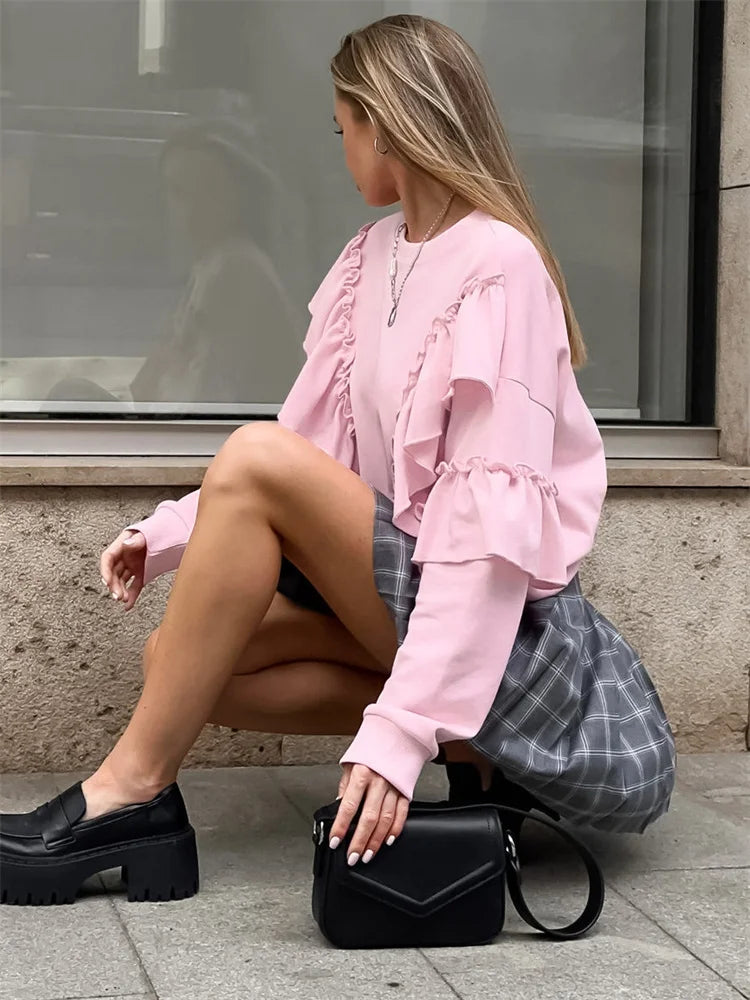 maoxiangshop - Autumn Knit Ruffled Pullover Women's Patchwork Fashion Loose Solid High Waist Knitwear Sweatshirts Female Elegant Hoodies