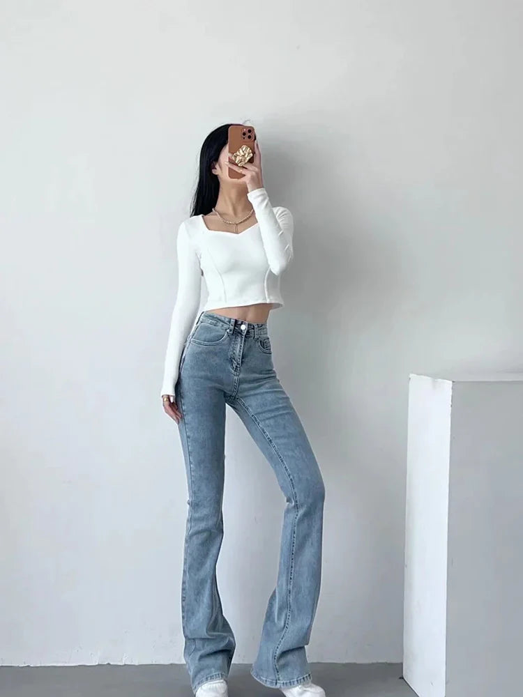 maoxiangshop - Fashion Denim Packets Jeans Women High Waist Flare Pants Streetwear Trousers Pants Jeans Ladies Autumn Bottoms Blue