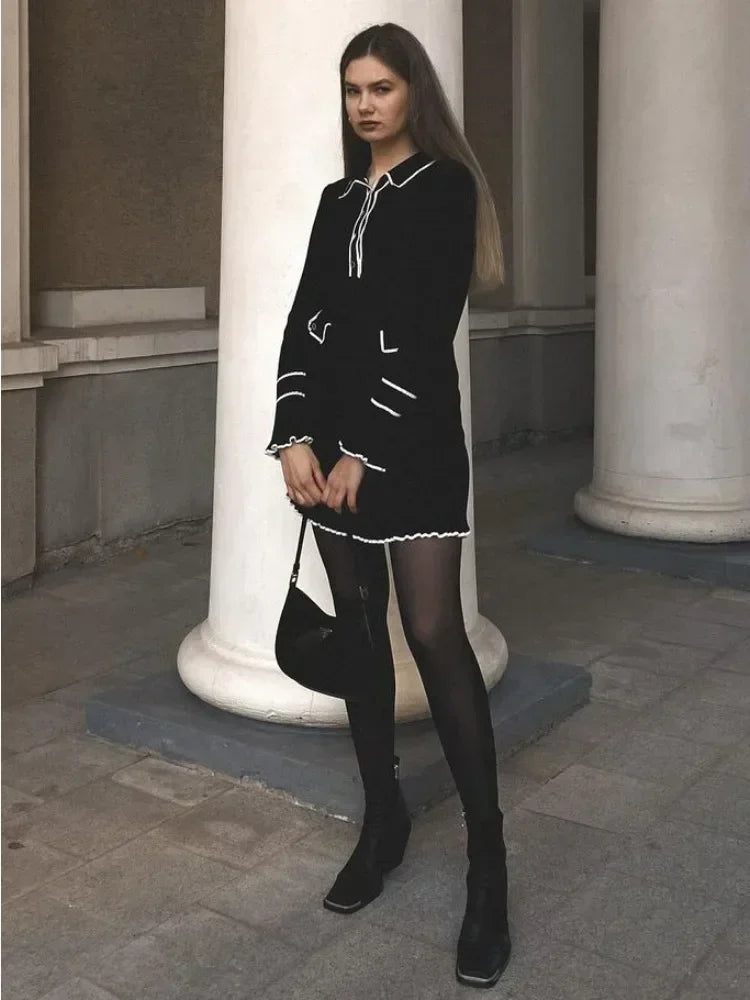 maoxiangshop - Ruffled Fashion Knit Dress Women Autumn Ribbed Contrast Long Sleeve High Waist Lapel Gown Dress Knitwear Ladies Maxi Dress