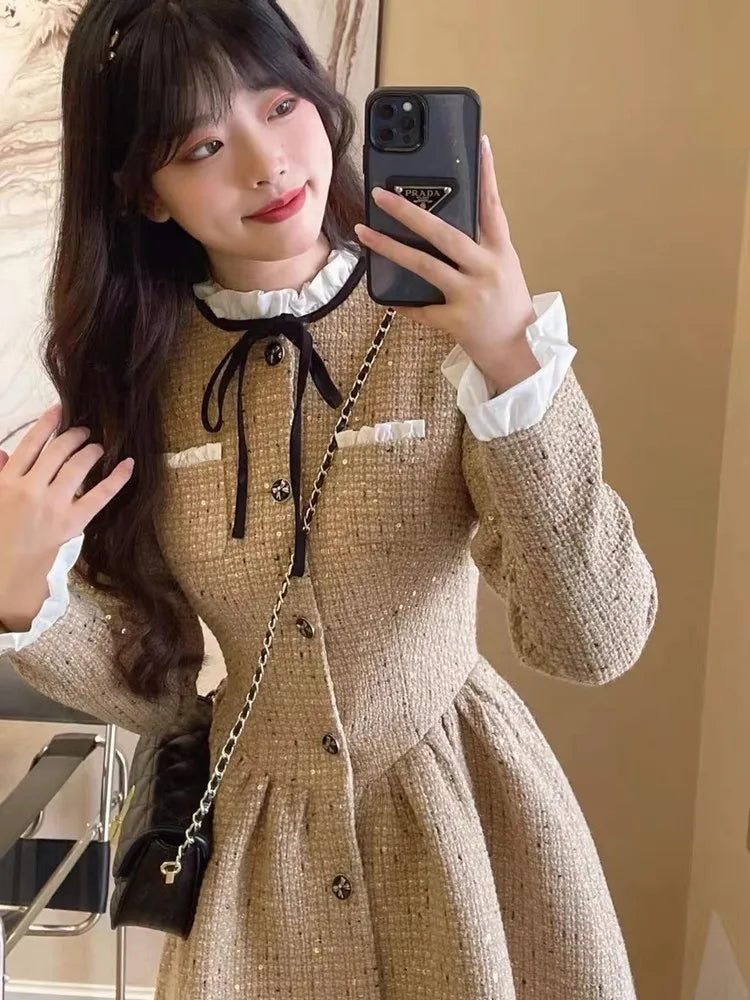 maoxiangshop Slim Waist Korean Style Women Dress New Ruffled Bow Single Breasted Fashion Female Mini Dresses Sweet Elegant Streetwear