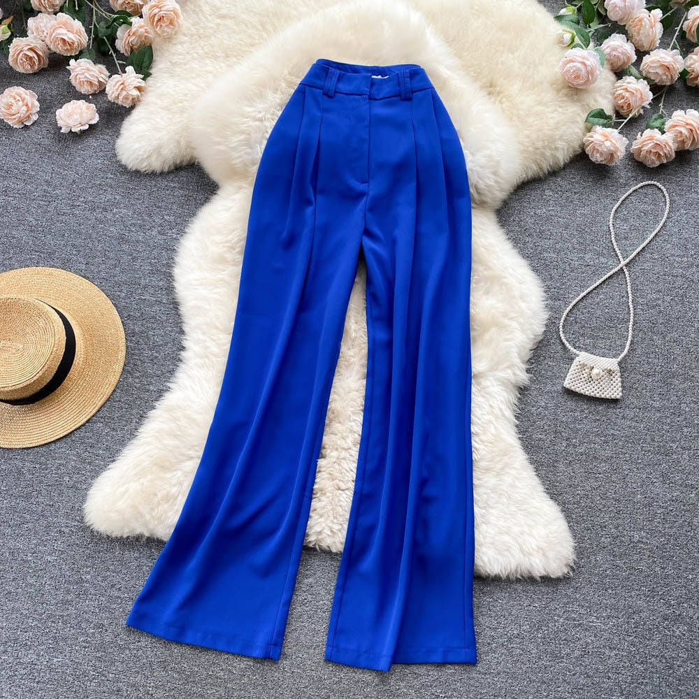 maoxiangshop Korean Fashion Women Flare Pants Solid High Waist Pleated Front Full Lengh Trousers Summer Casual Female Long Pants