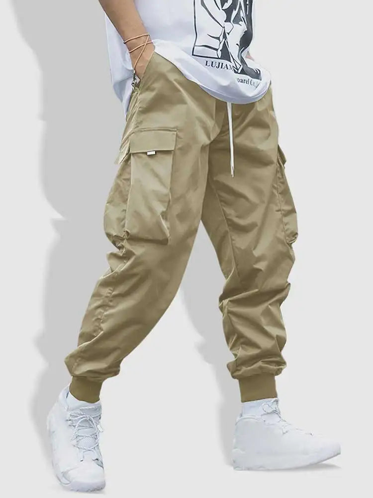 maoxiangshop Men's Cargo Pant Solid Mid-waist Elastic Tooling Trousers Techwear Sweatpants with Flap Pocket Drawstring Beam Feet Pants