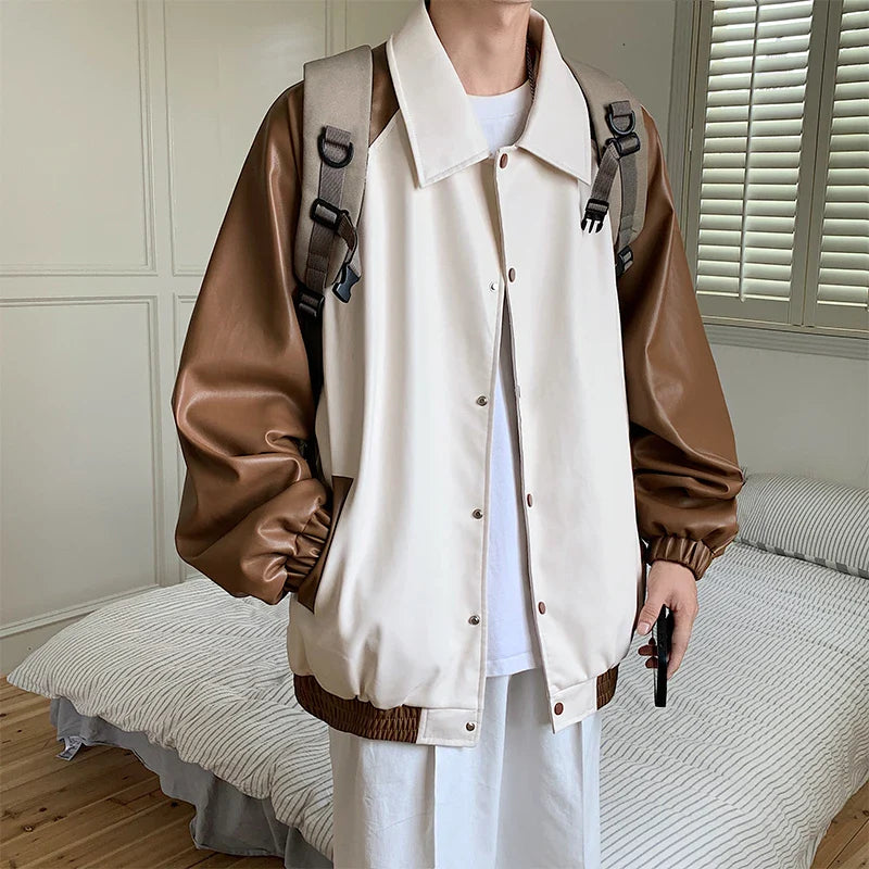 maoxiangshop Clashing Color Splicing Leather Jacket Autumn Trend American Mens Jacket Coat Loose Casual Lapel Tops Men Women Clothing
