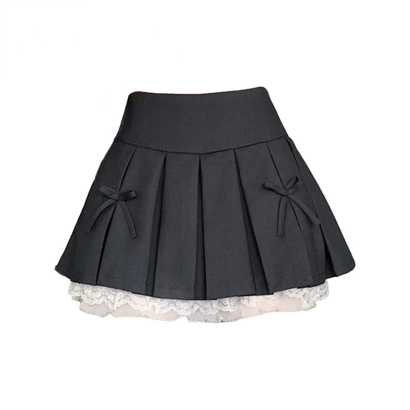 maoxiangshop - 2024 New Women's Spring/Summer Cute Spliced Lace Edge Mini Skirt Sexy Bow Design Casual Y2K All match A-line Black Pleated Skirt