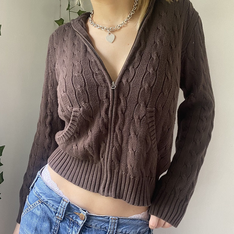 Vintage Brown Y2K Hooded Sweaters Women Autumn Winter Lantern Sleeve Zip Up Jacket Cardigan Knitted Hoodies Cropped Cardigan