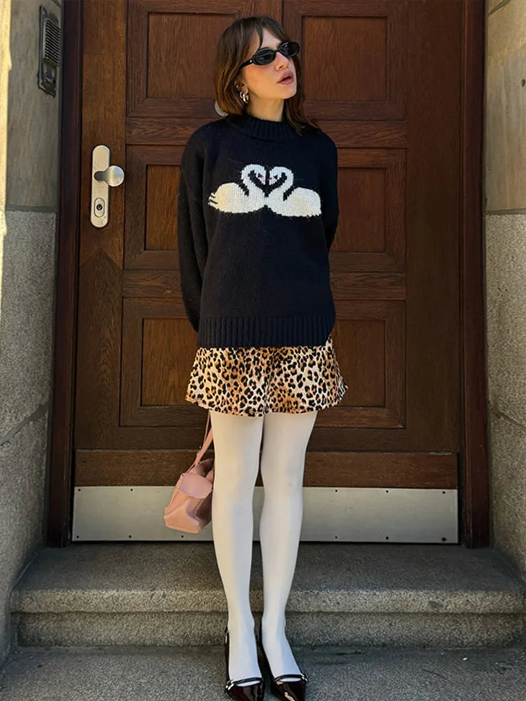 maoxiangshop - Casual Knitted Printed Half Neck Sweater Women Vintage Loose Black Swans Pullover Sweaters Female Autumn Chic Elegant Knitwear
