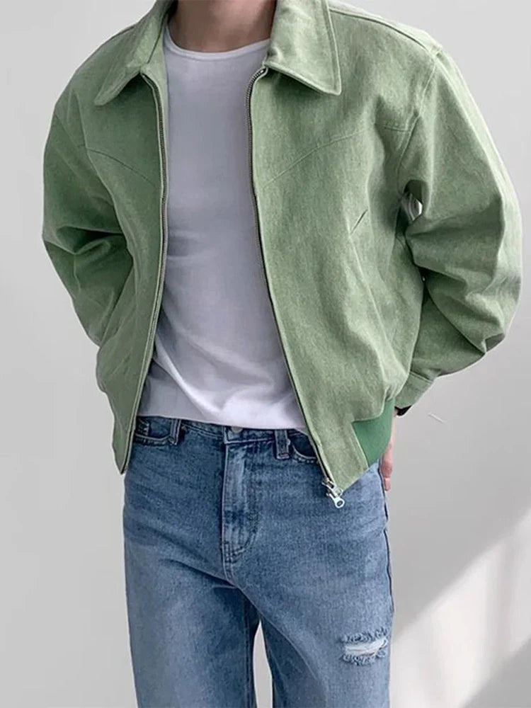 maoxiangshop Vintage Jacket Man Casual Loose Zipper Fashion Retro Short Coat Men Spring High Quality Solid Turndown Collar Street Outwears