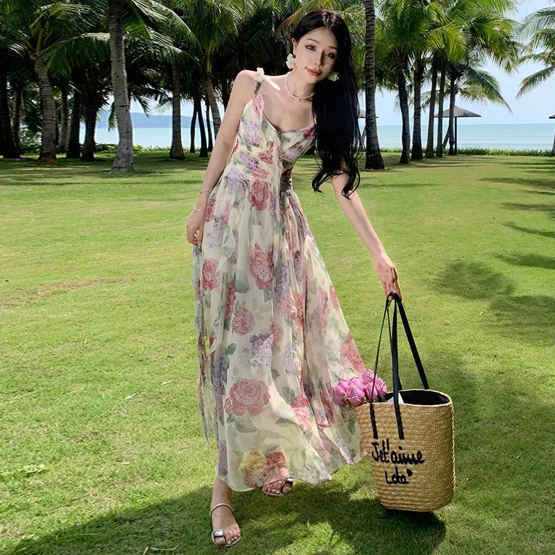maoxiangshop Summer Chiffon Beach Maxi Dress Women Fashion Print Floral Backless Bandage Slip Dress Elegant Evening Party Fairy Dresses