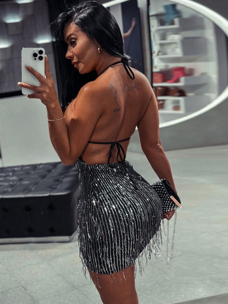 maoxiangshop Prom Halter Backless Shiny Tight Mini Dress Women Summer Sexy Elegant Party Night Club Bodycon Sundress Wrap Dance Short Dresses