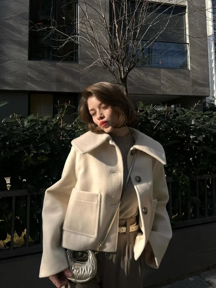 maoxiangshop - 2024 Warm Lapel Long Sleeved With Pocket Crop Jacket Women's Single Breasted Casual Coat Autumn Winter Ladies Street Outerwear
