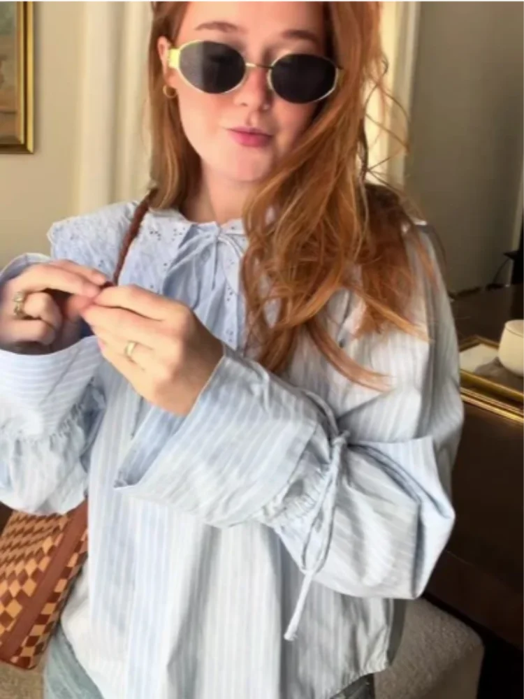 maoxiangshop - Sweet Striped Lace Up Women Shirts Cute Flare Sleeve Embroidery Lapel Female Blouses 2024 Spring Summer Casual Tops Streetwear
