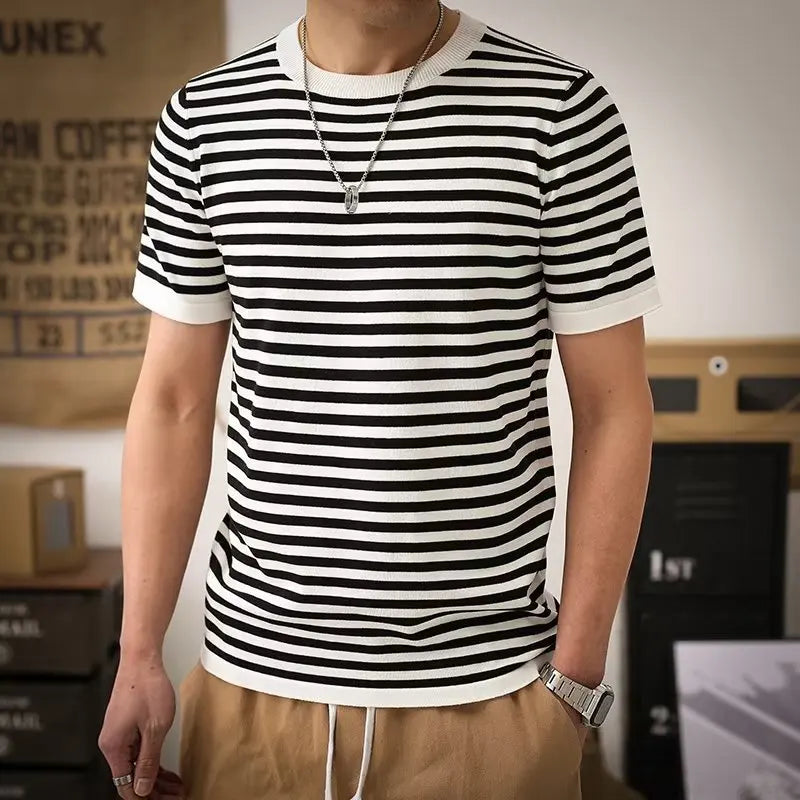 maoxiangshop Striped T-shirts Men Panelled Leisure American Style High Street Cozy Daily Versatile Hipster Classic Outdoor Summer Breathable