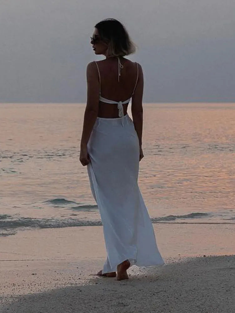 maoxiangshop-Women Chic Sleeveless Hollow Out Maxi Dress Sexy Lace Up Sling Backless Slim Vestidos Elegant Beach Evening Party Robe 2024