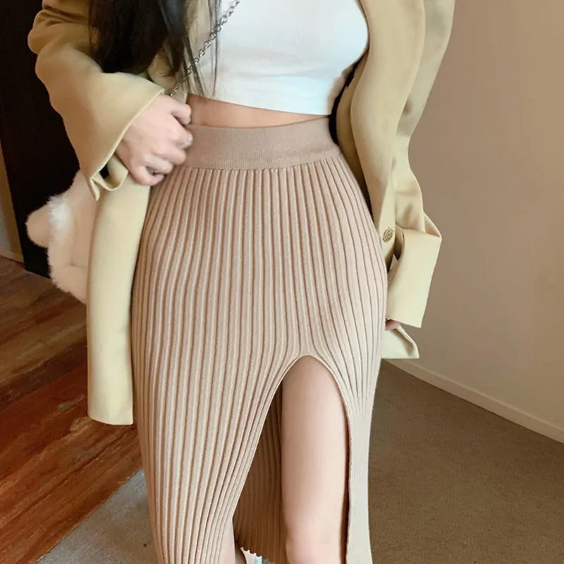 maoxiangshop High Waist Knitted Half Skirt Elastic Force Temperament Thin Sexy Split Slim Skirts Spring Autumn