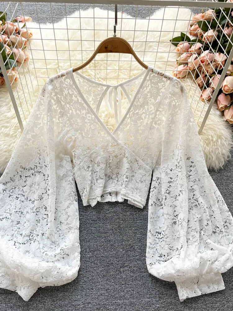 maoxiangshopAutumn Black/White/Brown Sexy Lace Blouse Women Elegant V-Neck Puff Long Sleeve Open Back Short Tops Female Party Blusas