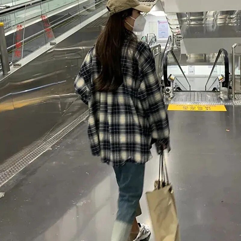 maoxiangshop Autumn All Match Plaid Shirts for Women Korean Fashion Button Up Oversized Shirt Woman Aesthetic Loose Blouse Female