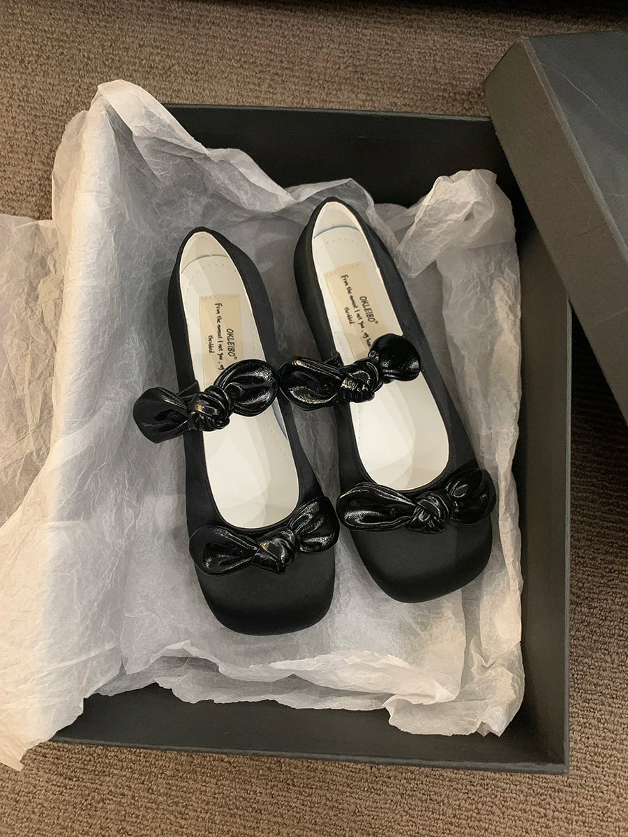 maoxiangshop - 2024 NEW Korean style Lolita Mary Jane Shoes Women's Shoes Square Toe Women's Shoes Two Bow Ballet Flats Spring/Autumn Flats