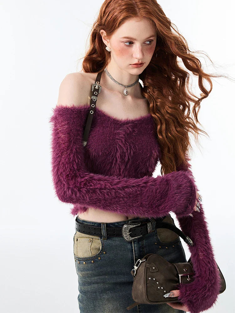 maoxiangshop1 Fall Woman 2000s Gyaru Coquette Halter Crop Top Pullovers Slash Neck Jumper Fluffy Sweater Design Knitwears Y2K Hot Sexy Kawaii