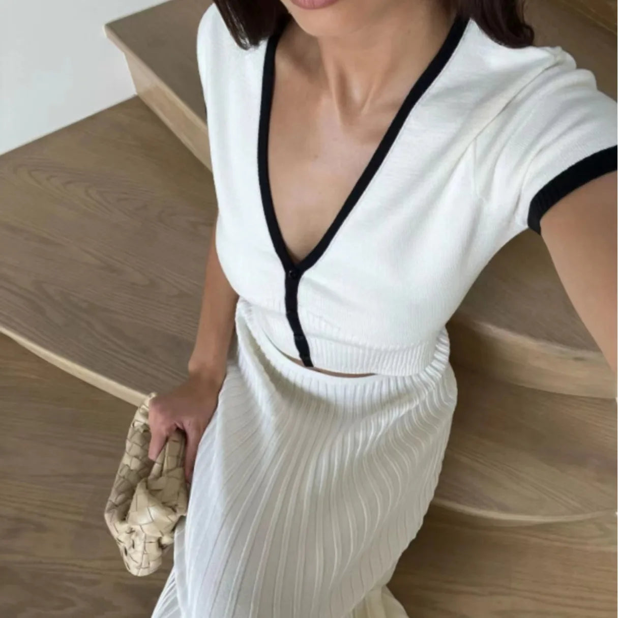 New Summer Knit Patchwork 2 Pieces Sets Women Crop Top Long A-line Skirts Matching Suit Knitwear Slim Fit Pleated Skirt Outfits