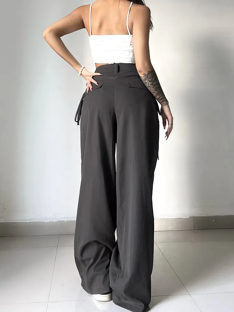 maoxiangshopShirring Casual Wide Leg Pants Women High Waist Street Basic Loose Sweat Trousers Korean Retro Gray Office Lady Pants