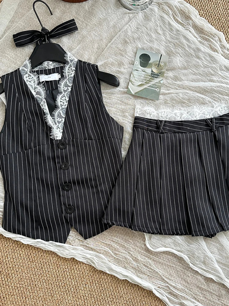 maoxiangshop - Women Old Money 2000s Aesthetic Cutecore Y2k Korean Fashion Outfits 2 Piece Set Striped Lace Vest + Hot Mini Pleated Skirts