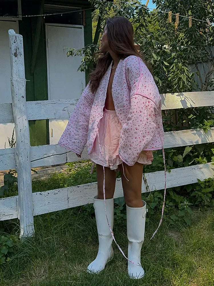 maoxiangshop - 2024 New Pink Floral Cotton Coats Women Fashion V-neck Full Sleeve Lace Up Loose Jacket Autumn Winter Chic Warm Lady Outerwear