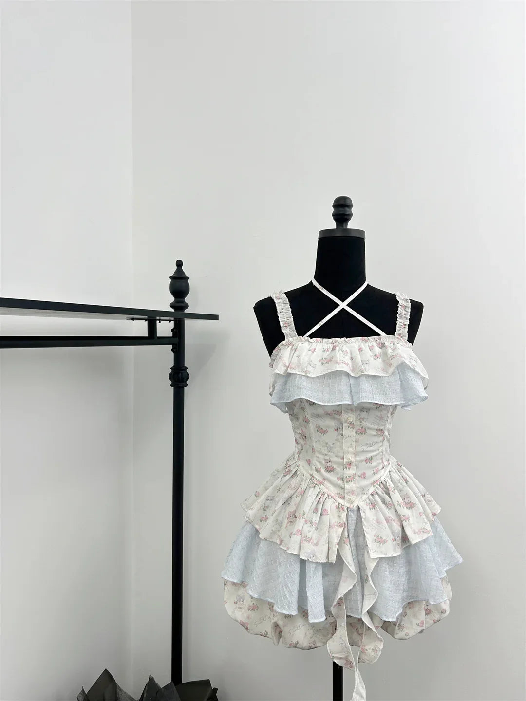 maoxiangshop Summer Women Korean Vintage Ballet Core 2000s Party Rave Y2k Outfits 2 Piece Set Mori Girl Floral Fairy Dress + Cute Mini Shorts