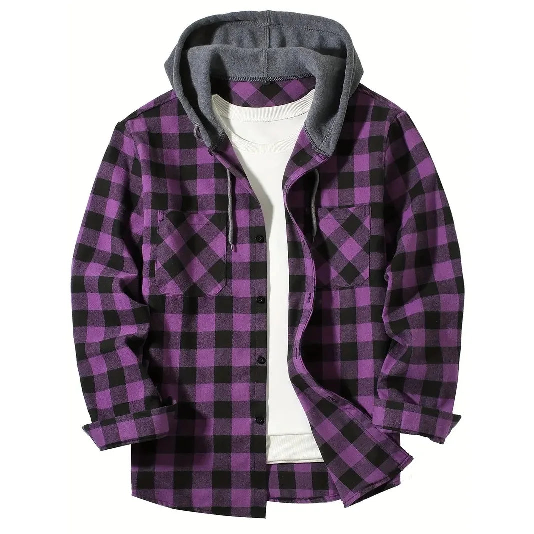 maoxiangshop Spring Autumn Men's Hoodies Shirts Classic Plaid Casual Button Down Hooded Long Sleeved Double Pockets Shirt Flannel Jacket Tops