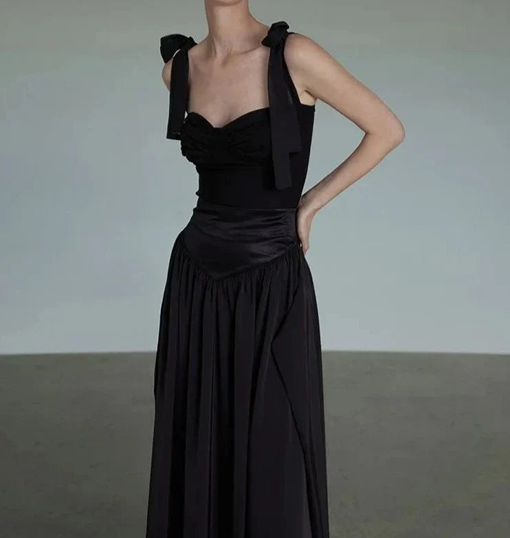 maoxiangshop - 2024 New Women Designer Two Pieces Set Black Camisole Tops Slimy Gothic Girl Tanks Maxi Skirts Outfit Hepburn Vintage Skirt