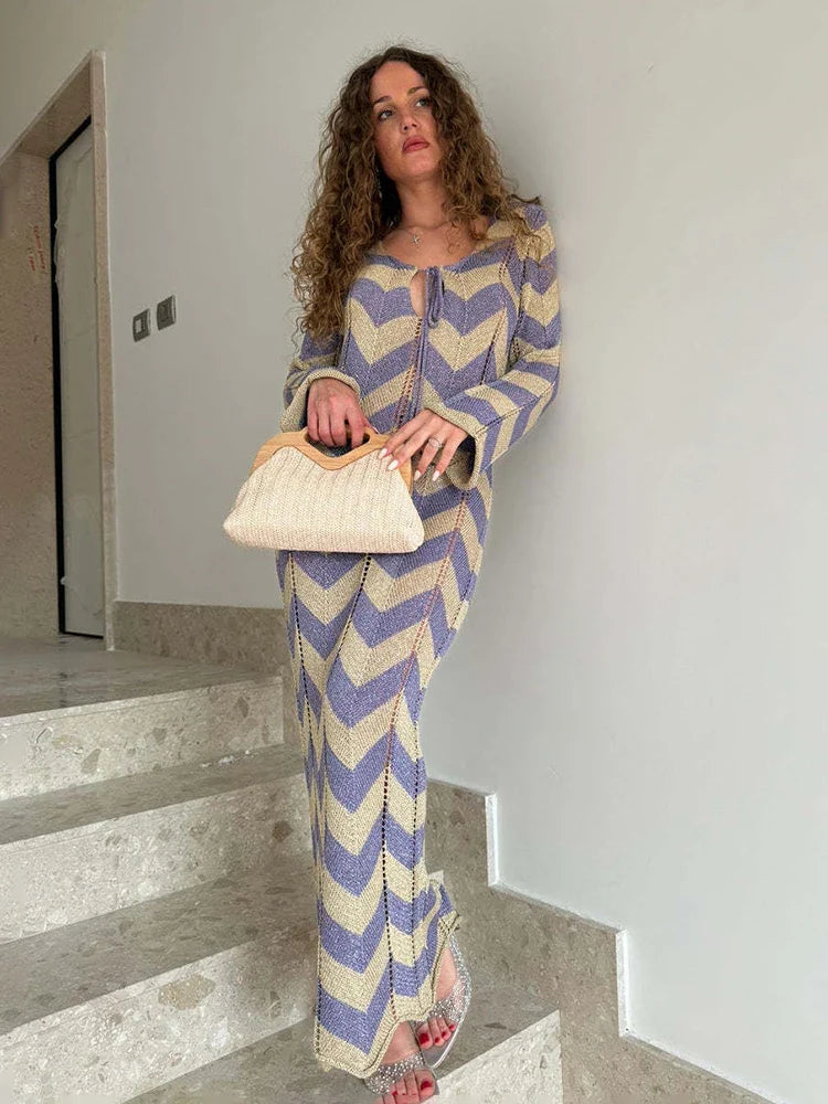maoxiangshop - Autumn New Lace Up Hollow Sexy Beach Cover Up Dress Women's Stripled Long Sleeve Slim Elegant Knitted Maxi Dress V Neck