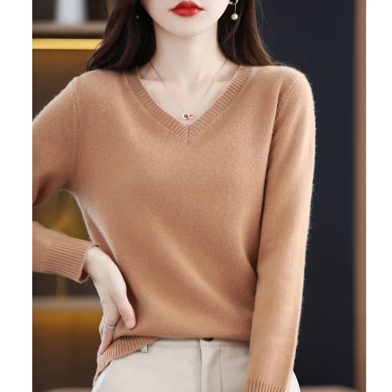 maoxiangshop Cashmere Sweater Women's Knitting Sweater 100% Pure Merino Wool Winter Fashion Basic V-neck Chic Top Autumn Warm Pullover