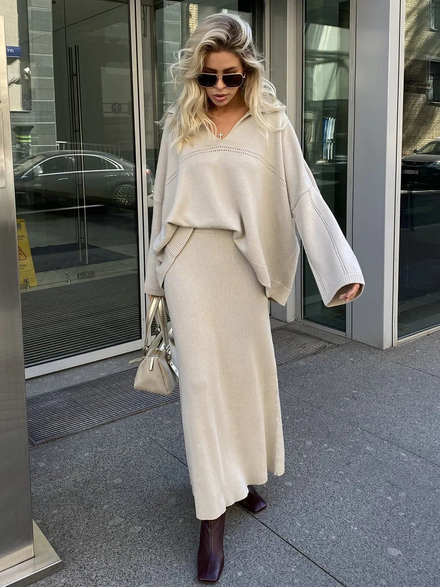 maoxiangshop - Lapel Sweater + Fishtail Skirts Sets Fashion Knitting Autumn Women Suit Knit Pullover Top Long Skirts Fashion Two Piece Set 2025