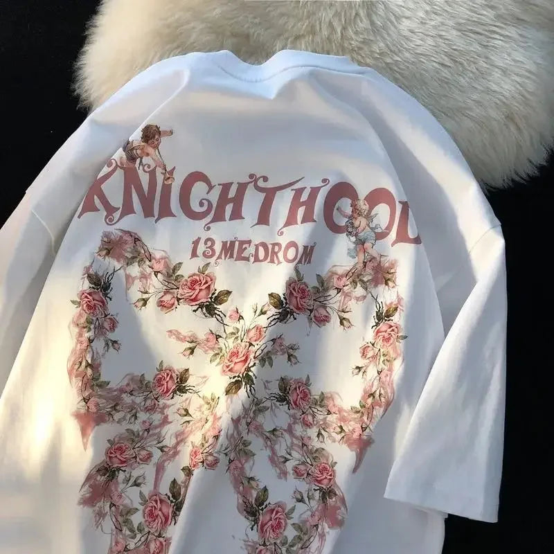 maoxiangshopAmerican Style Retro Loose Rose Butterfly Angel Printing Short Sleeve T-shirt for Men and Women Lovers Summer Loose Casual Top