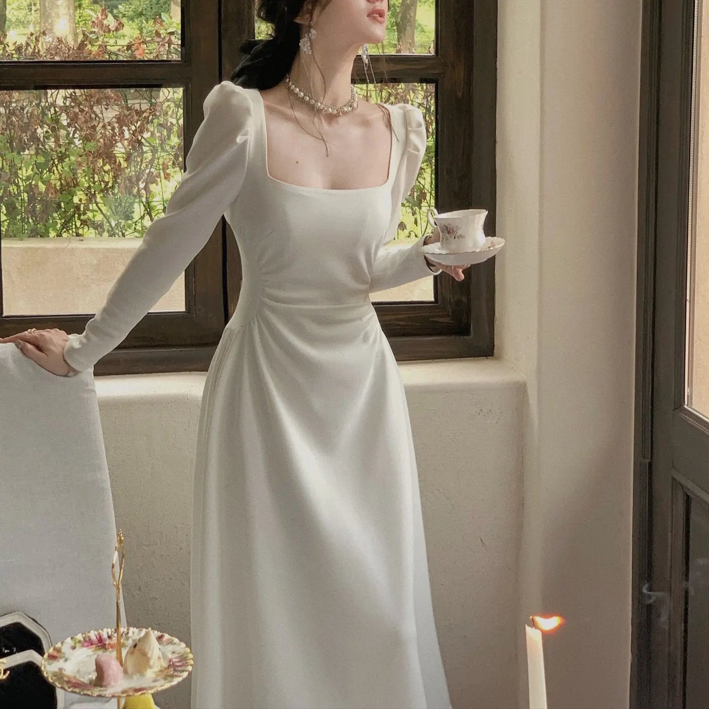 maoxiangshop 1 Spring New Elegant Square Collar Midi Party Dress For Women Long Sleeve Black White Slim Vestidos Female Clothes