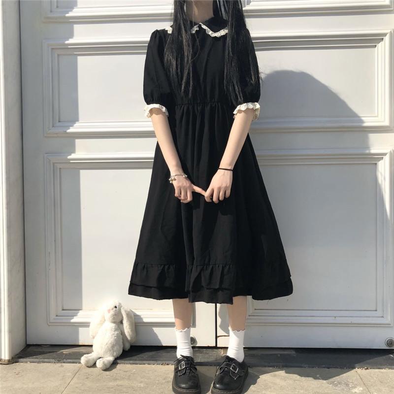 maoxiangshop Dress Women Lace Cute Summer Simple Solid Leisure Korean Style Sweet Ladies Fashion Sundress All-match Preppy Comfortable Loose