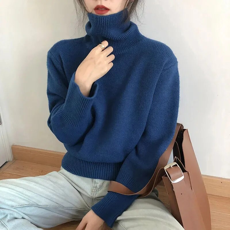 maoxiangshop Autumn Warm Turtle Neck Sweater Women Fashion Korean Solid Knitted Basic Pullovers Loose O Neck Long Sleeve Female Jumper