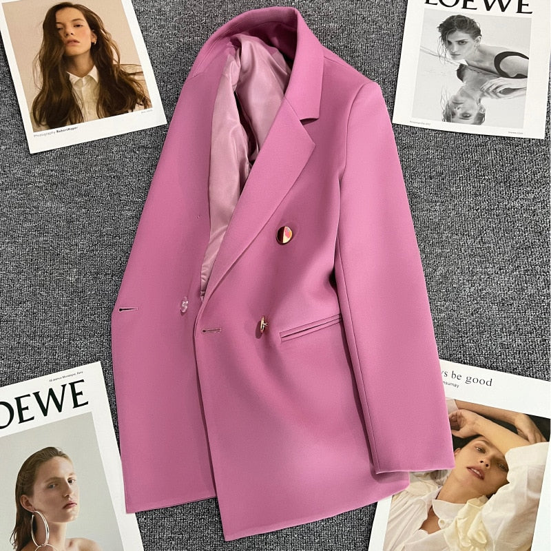 maoxiangshop Women Casual Blazer Double Breasted Suit Jacket Korean Version Pure Color Loose Fashion Suit Jacket Simple Office Ladies Tops
