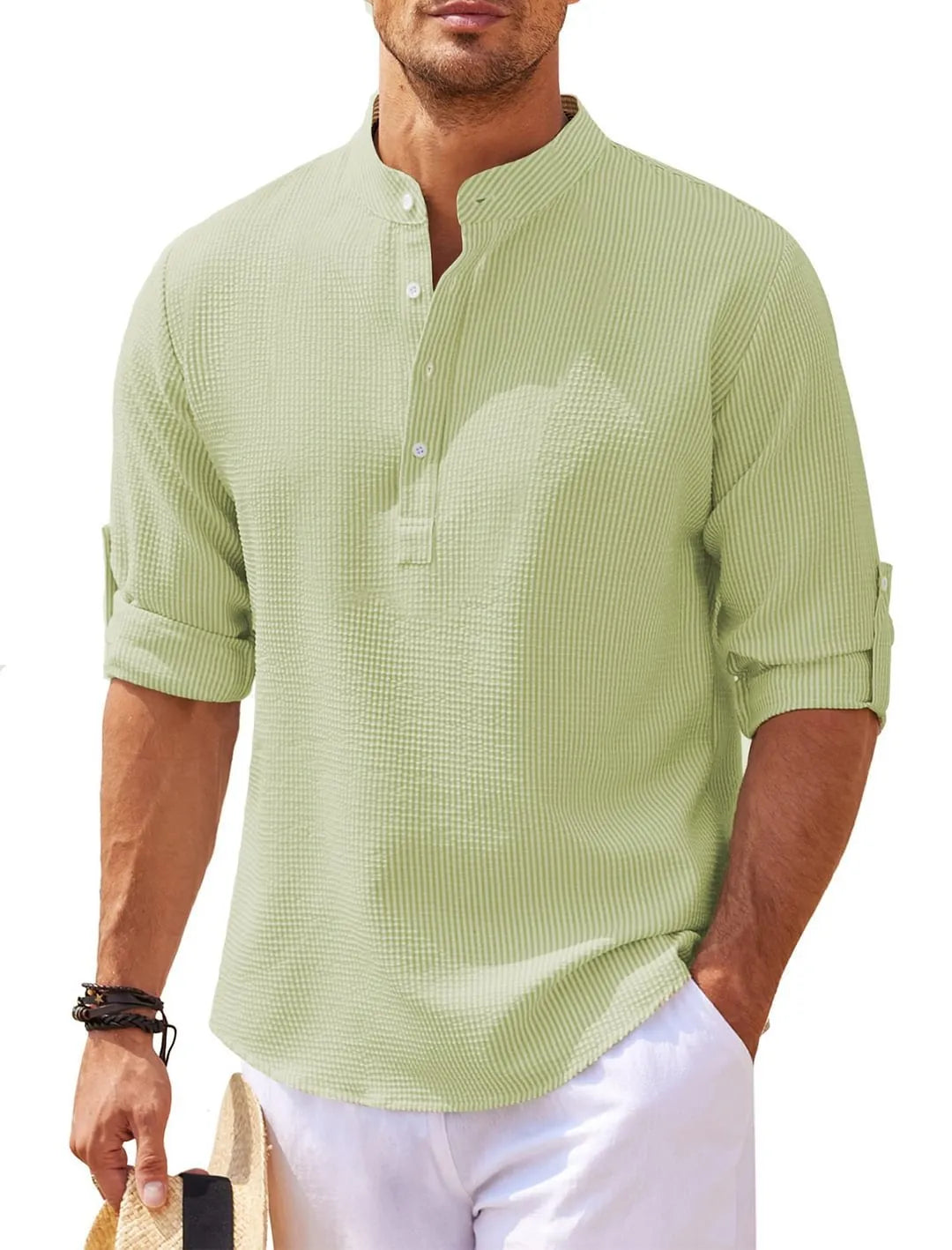 maoxiangshop Cotton Linen Hot Sale Men's Long-Sleeved Shirts Spring Autumn Solid Color Stand-Up Collar Casual Beach Style Plus Size S-5XL