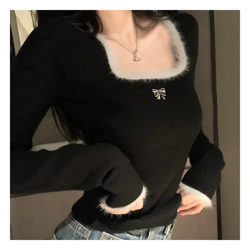 maoxiangshop Women Butterfly Embroidered T-shirts Square Neck Long Sleeve Patchwork Y2K T-Shirts Casual Tees Women Autumn Winter
