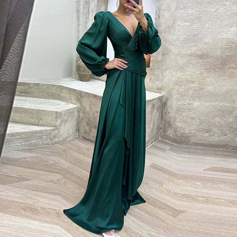 maoxiangshop Cocktail Full Length Women Hem Maxi Dress Luxury Female V-neck Waist Party Dress Elegant Lantern Sleeve Ruffle Satin Dresses